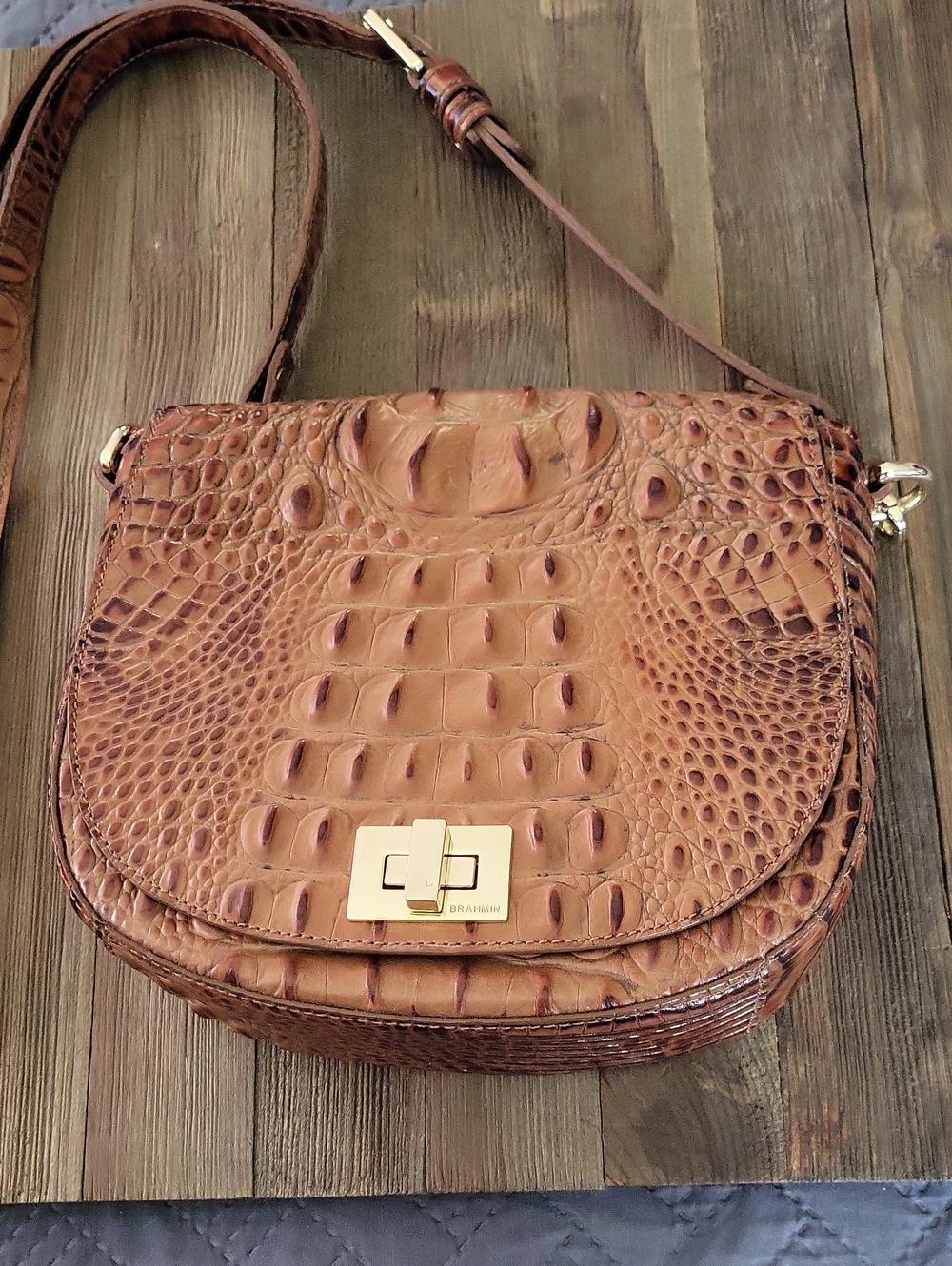 Brahmin Cognac Croc-Embossed Leather Crossbody with Gold Hardware